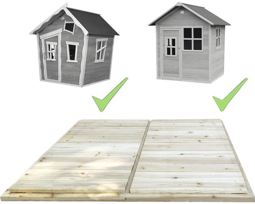 Två lekstugor på en träterrass med en grön bock ovanför.