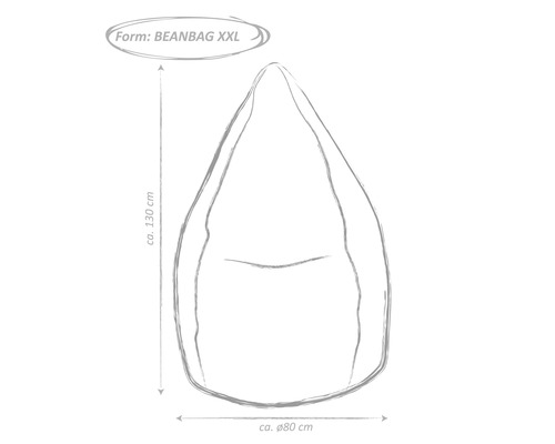Skiss av en sittsäck i XXL-format med en höjd på cirka 130 cm och en diameter på cirka 80 cm.