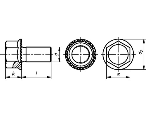Teknisk ritning av en skruv med fläns och måttuppgifter