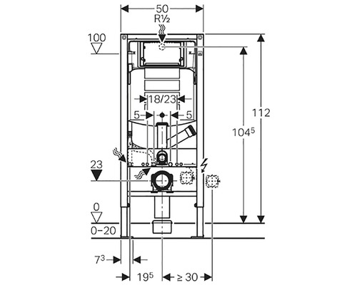 Teknisk ritning av en väggmonterad installation med dimensioner