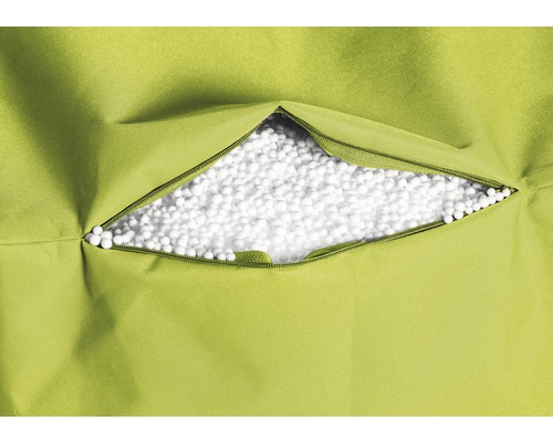 Grön sittsäck med fyllning av vita frigolitkulor och dragkedja