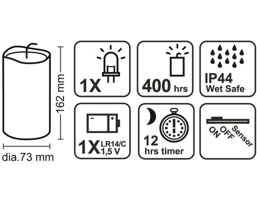 Teknisk ritning av ett ljus med LED, 162 mm högt, 73 mm diameter, 1 LED, 400 timmars drift, IP44 Wet Safe, 1 LR14 batteri, 12 timmars timer, sensor