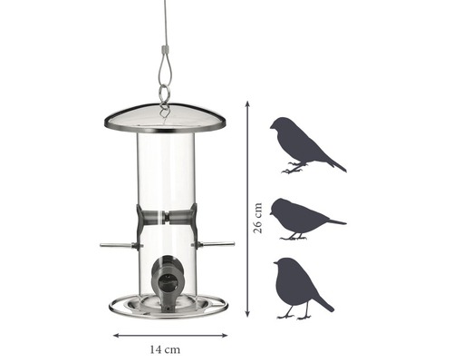 Fågelmatare med en höjd på 26 cm och en bredd på 14 cm
