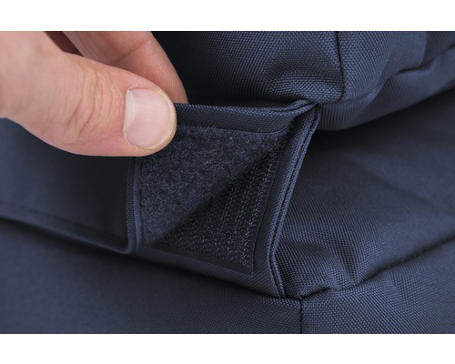 Närbild av kardborreband på ett blått tygfodral.