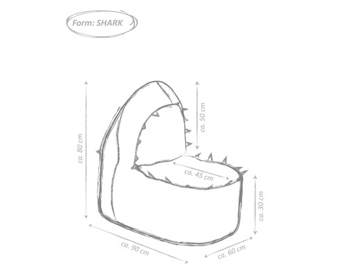 Skiss av en hajfomad barnsäng med mått