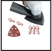 Deltaslipmaskin och sandpapper med pilar som illustrerar funktionen