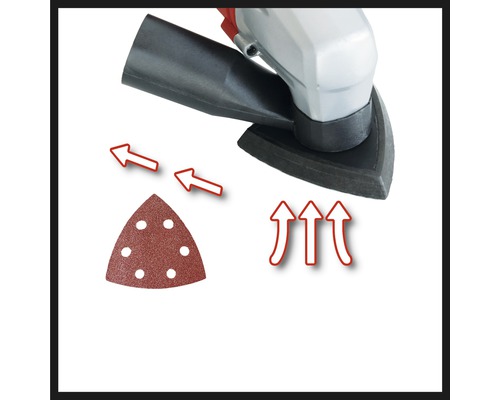 Deltaslipmaskin och sandpapper med pilar som illustrerar funktionen