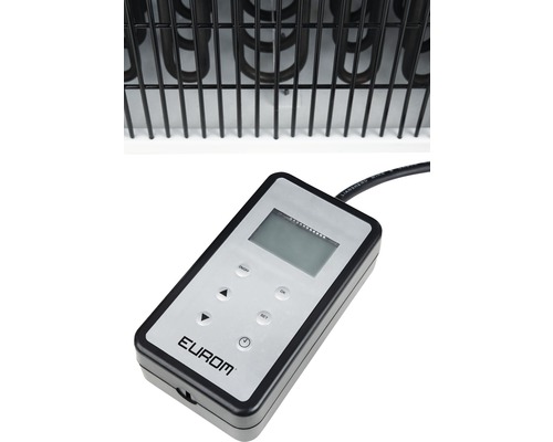 Detaljvy av en värmare med manöverelement av märket Eurom