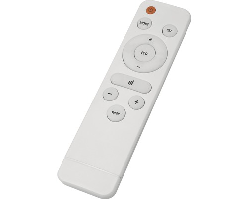 Vit fjärrkontroll med olika knappar för att styra en enhet