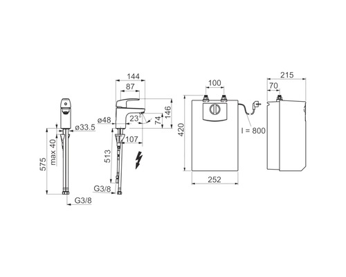 Måttritning för armatur och genomströmningsvärmare