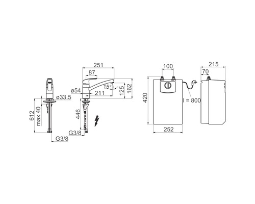 Teknisk ritning av köksblandare med varmvattenberedare och måttangivelser