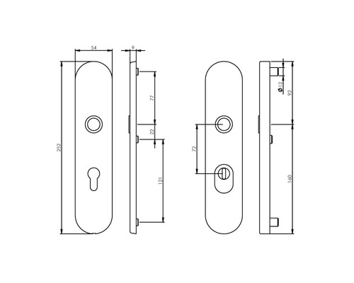 Teknisk ritning av ett dörrhandtagsset med mått