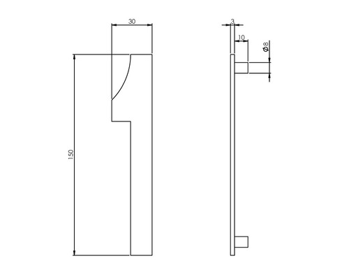 Teknisk ritning av ett dörrhandtag med måttangivelser