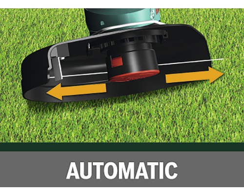 Närbild av en grästrimmer med automatisk trådmatning