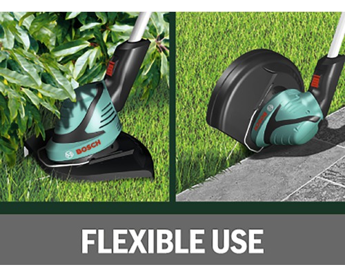 Två grästrimmers från Bosch i bruk på gräsmatta och vid en trottoarkant.