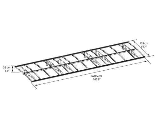 Teknisk ritning av ett tak med dimensioner.