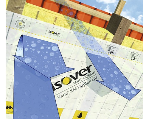 Illustration av en Isover Vario KM Duplex UV ångspärrsfolie för takisolering med fuktighetspilar