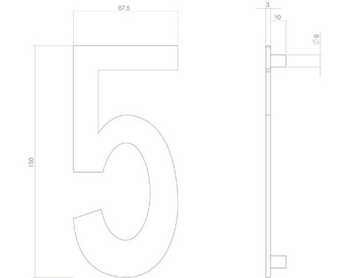 Ritning av ett husnummer Fem med måttangivelser