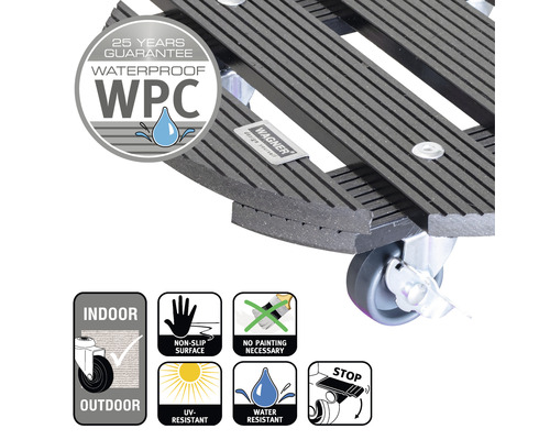 Växtrullare av WPC med hjul för inom- och utomhusbruk samt garanti, vattentät, halkfri, UV-beständig, ingen målning nödvändig och parkeringsbroms
