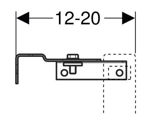 Teknisk ritning av ett möbelbeslag med måtten 12 till 20 millimeter