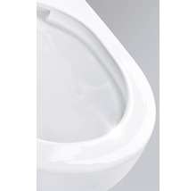 Detaljbild av en vit spolkantlös toalett i keramik