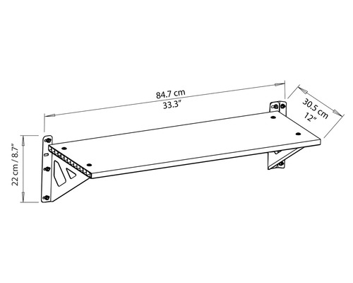 Teknisk ritning av en vägghylla med måtten 84,7 cm längd, 30,5 cm djup och 22 cm höjd.