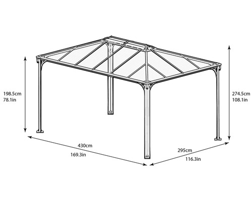 Bild av en paviljong med måtten 430 x 295 centimeter och en höjd av 274,5 centimeter