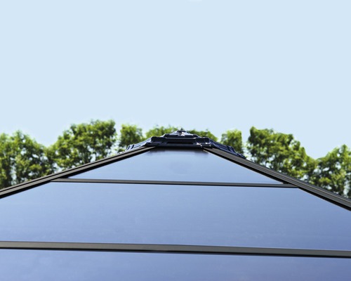 Detaljbild av takspetsen på ett trädgårdshus.