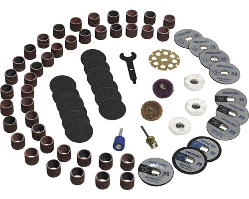 Dremel tillbehörssats med slipband, kapskivor, polerskivor och dornar