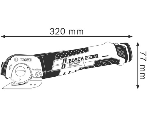 Bosch batteridrivna universalsax GUS 12V-300 Professional med måtten 320 mm längd och 77 mm höjd