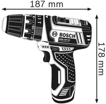 Bild på en Bosch GSB 12V-15 Professional sladdlös slagborrskruvdragare med mått: 187 mm lång och 178 mm hög