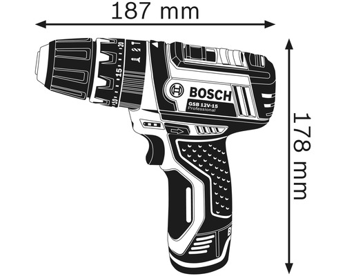 Bild på en Bosch GSB 12V-15 Professional sladdlös slagborrskruvdragare med mått: 187 mm lång och 178 mm hög