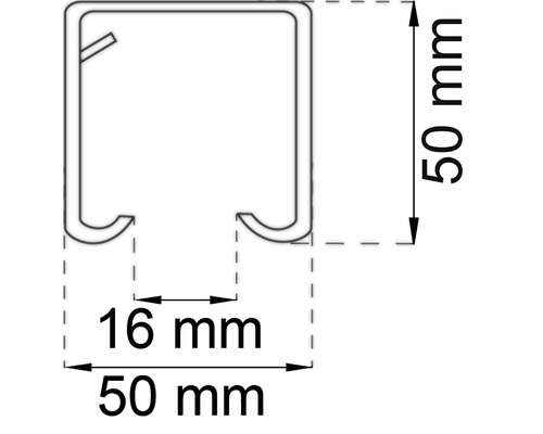 Teknisk ritning av en profil med måtten 50 mm x 50 mm och en öppning på 16 mm.