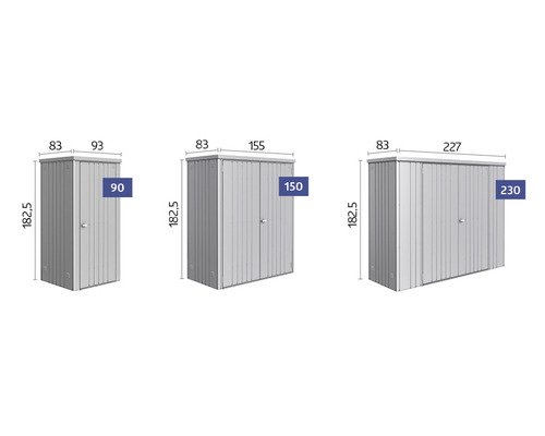 Bild av olika trädgårdsskåp med måtten 90, 150 och 230 centimeter bred
