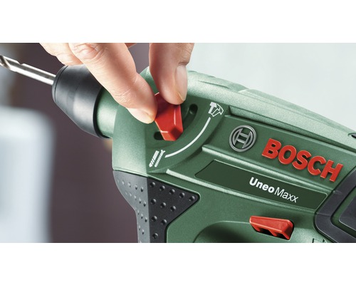 Detaljvy av Bosch Uneo Maxx sladdlös borr med funktionsomkopplare och borr
