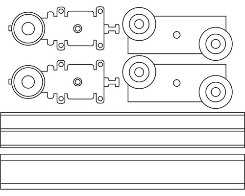 Beslagsats för skjutdörrar med två vagnar och skenor
