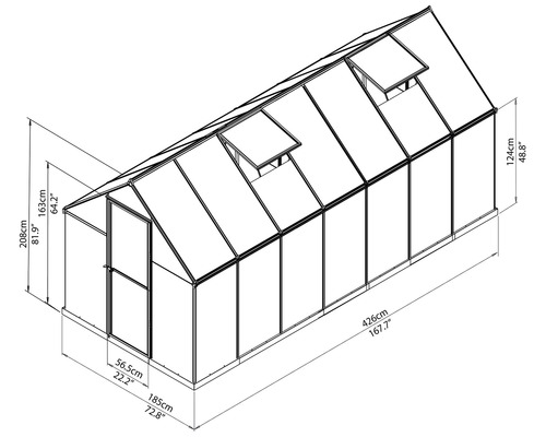 Teknisk ritning av ett växthus med dimensioner