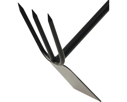 Trädgårdsredskap med fyra tänder och ett blad för jordbearbetning