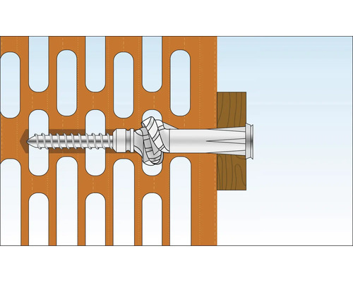 Illustration av en skruv med plugg i perforerad tegelsten