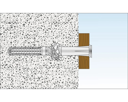 Illustration av en skruv med plugg i en vägg med en träbräda.