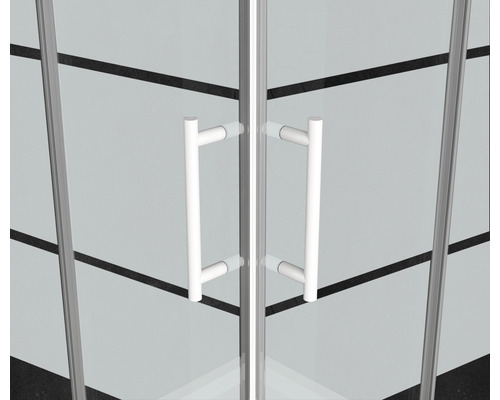 Detaljvy av en duschkabin med dörrhandtag och transparent glas