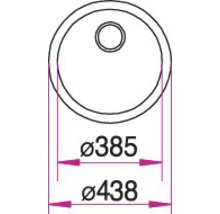 Teknisk ritning av ett runt tvättställ för bänkmontage med måtten 385 millimeter och 438 millimeter.