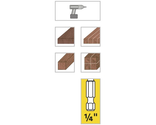 Illustration av en borr, olika träslag och en 6,35 millimetersbits