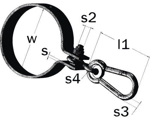 Rörklammer med karbinhake och måttangivelser