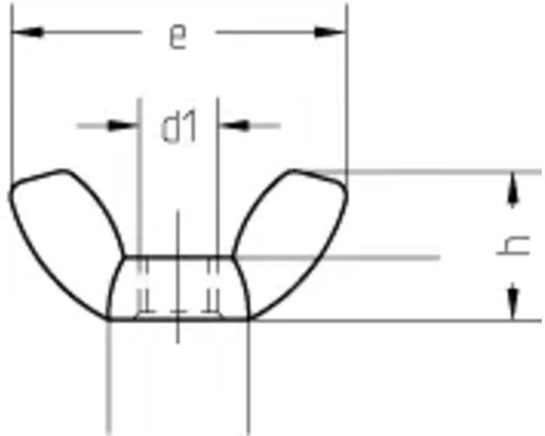 Teknisk ritning av en vingmutter med måttangivelser