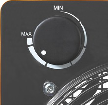 Närbild av en vridknapp med beteckningarna ''MIN'' och ''MAX'' för inställning av en värmeanordning.