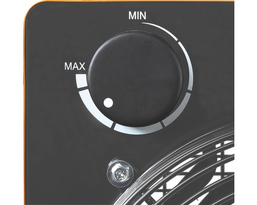 Närbild av en vridknapp med beteckningarna ''MIN'' och ''MAX'' för inställning av en värmeanordning.