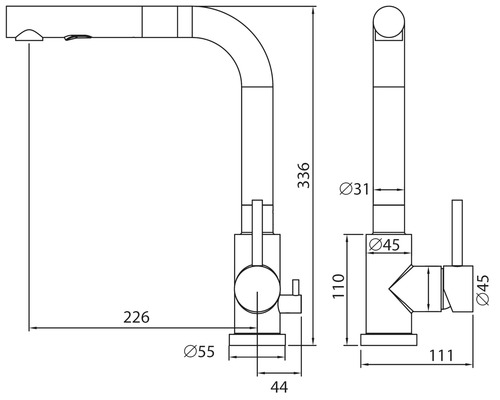 Teknisk ritning av en köksblandare med mått