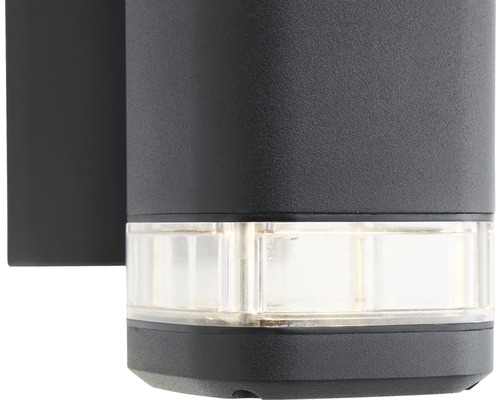 Närbild av en svart yttervägglampa med en klar lampskärm