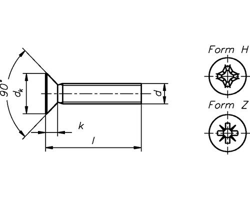 Teknisk ritning av en försänkt skruv med form H och form Z